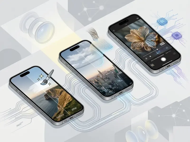 Three iPhones showing photo editing tools like brush adjustments, sky replacement, and RAW image processing