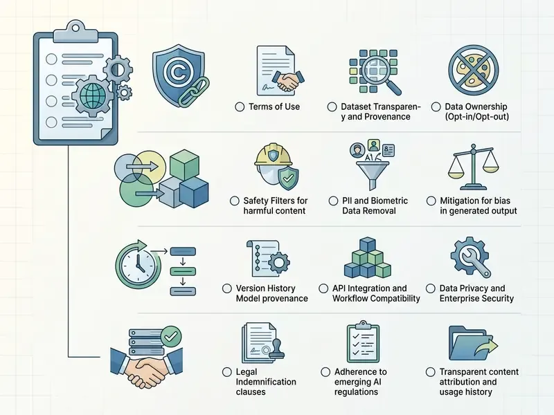 Checklist of enterprise considerations for using AI art tools including legal and technical compliance
