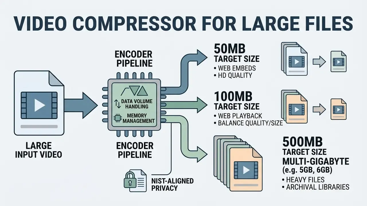 Diagram showing an encoder pipeline processing large video files into specific target size outputs