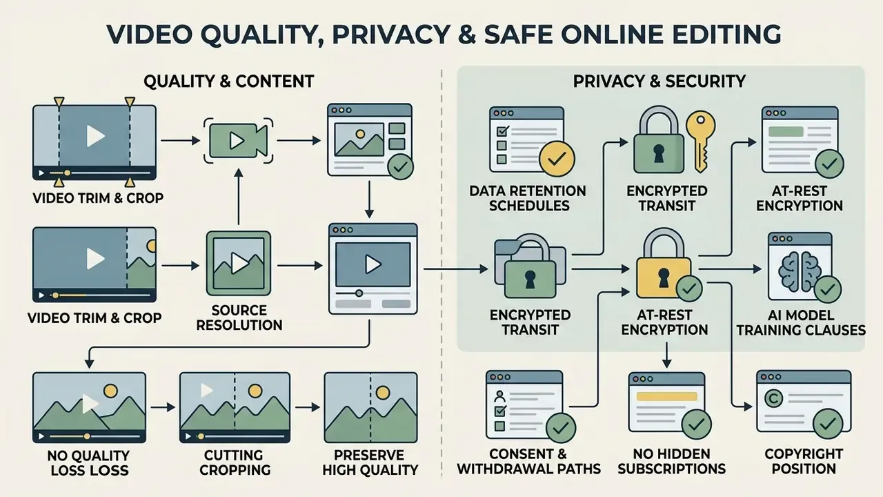 Flowchart outlining video editing quality preservation alongside data privacy and security measures
