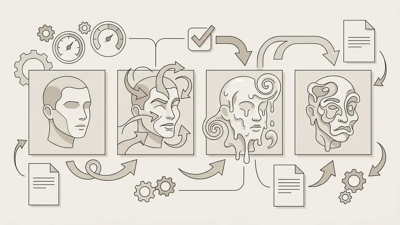 Four panels showing a human face progressively morphing and melting into a distorted abstract form