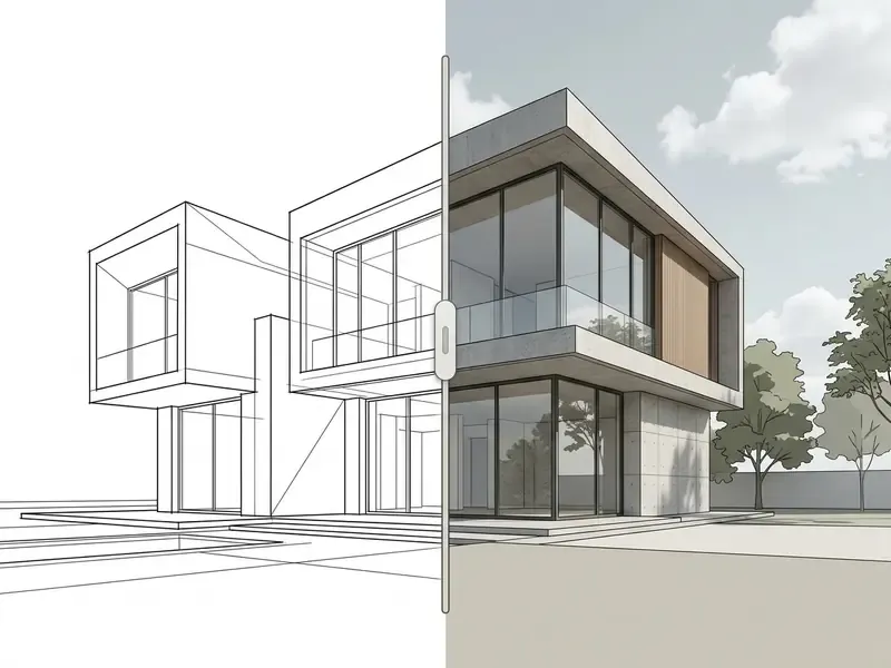 Split view showing a wireframe architectural sketch transitioning into a finished photorealistic house