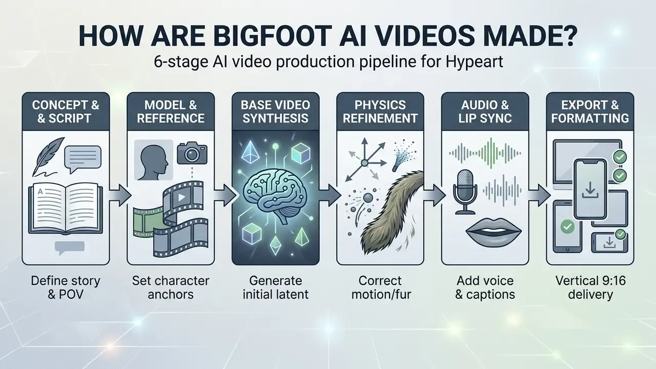 Flowchart showing the six stages of an AI video production pipeline from concept to final vertical delivery