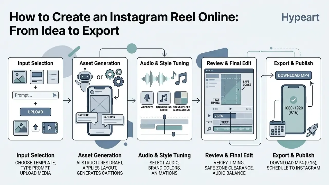 Flowchart displaying five sequential steps for using a reel maker to produce and publish vertical videos