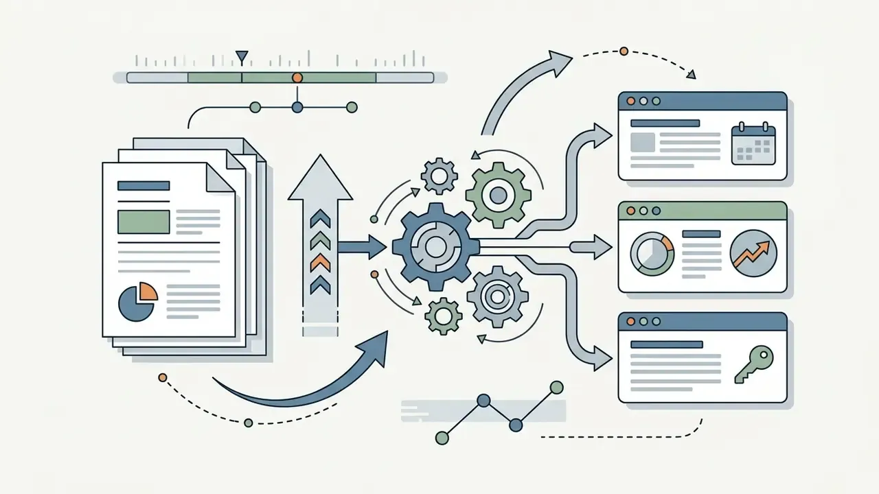 Documents feeding into a gear system that processes chronological data into three distinct output windows