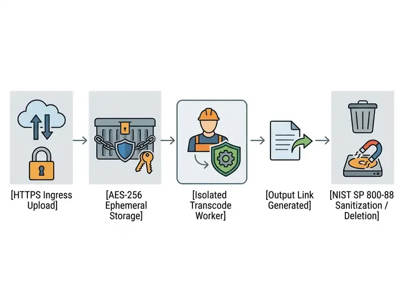 Diagram showing the lifecycle of a file from secure upload and encrypted storage to deletion