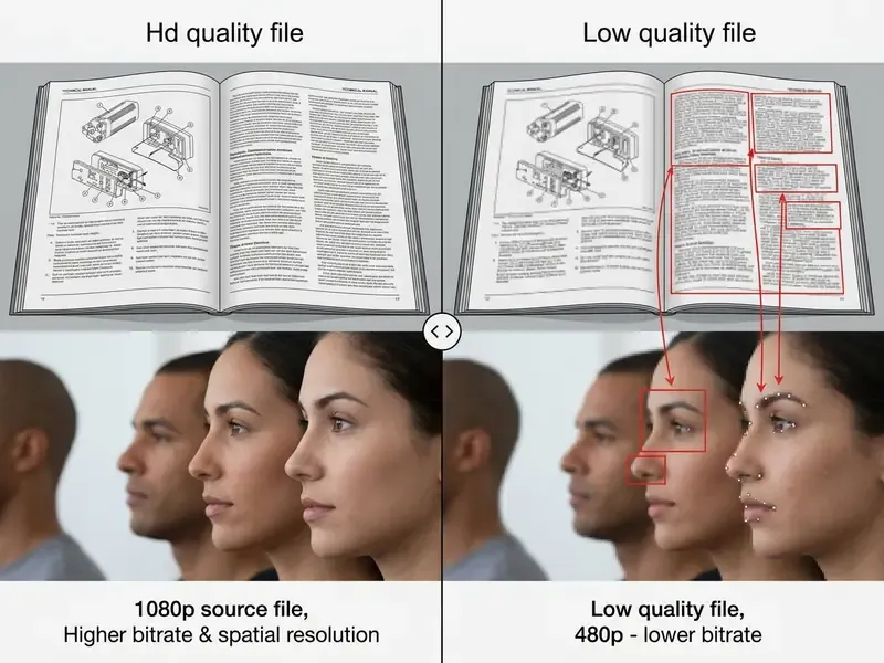 Comparison slider showing how a low quality video maker reduces resolution and clarity in text and faces