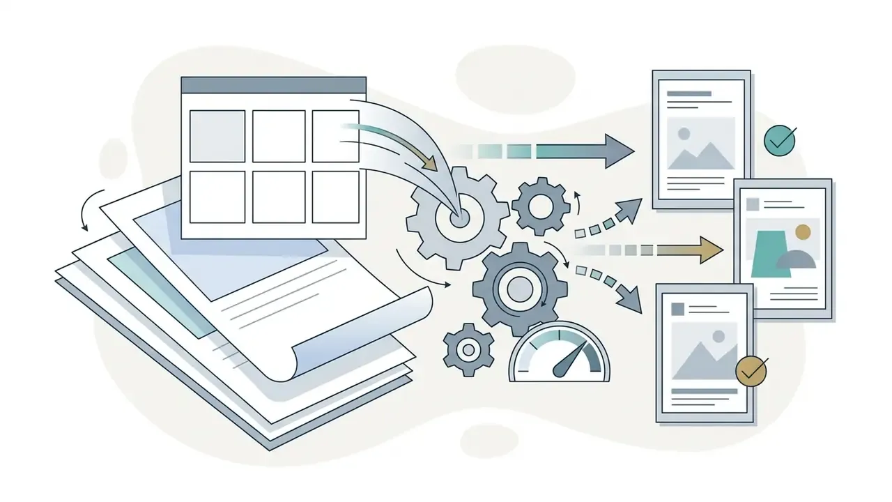 Documents feeding into a gear system that processes data into multiple visual output files