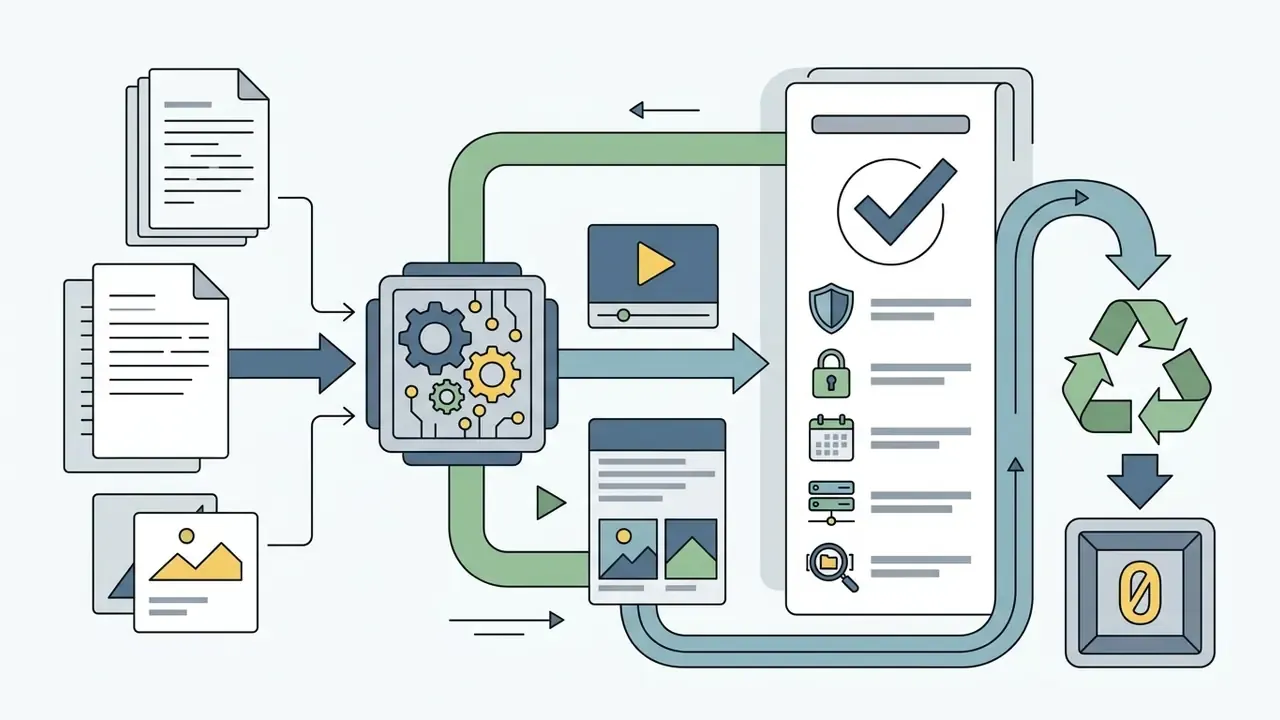 Data assets flowing through a processor into a checklist and then to a zero retention recycling loop