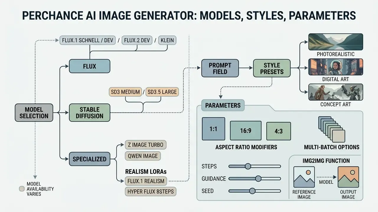 Detailed diagram mapping model selection, style presets, and parameter controls for image generation