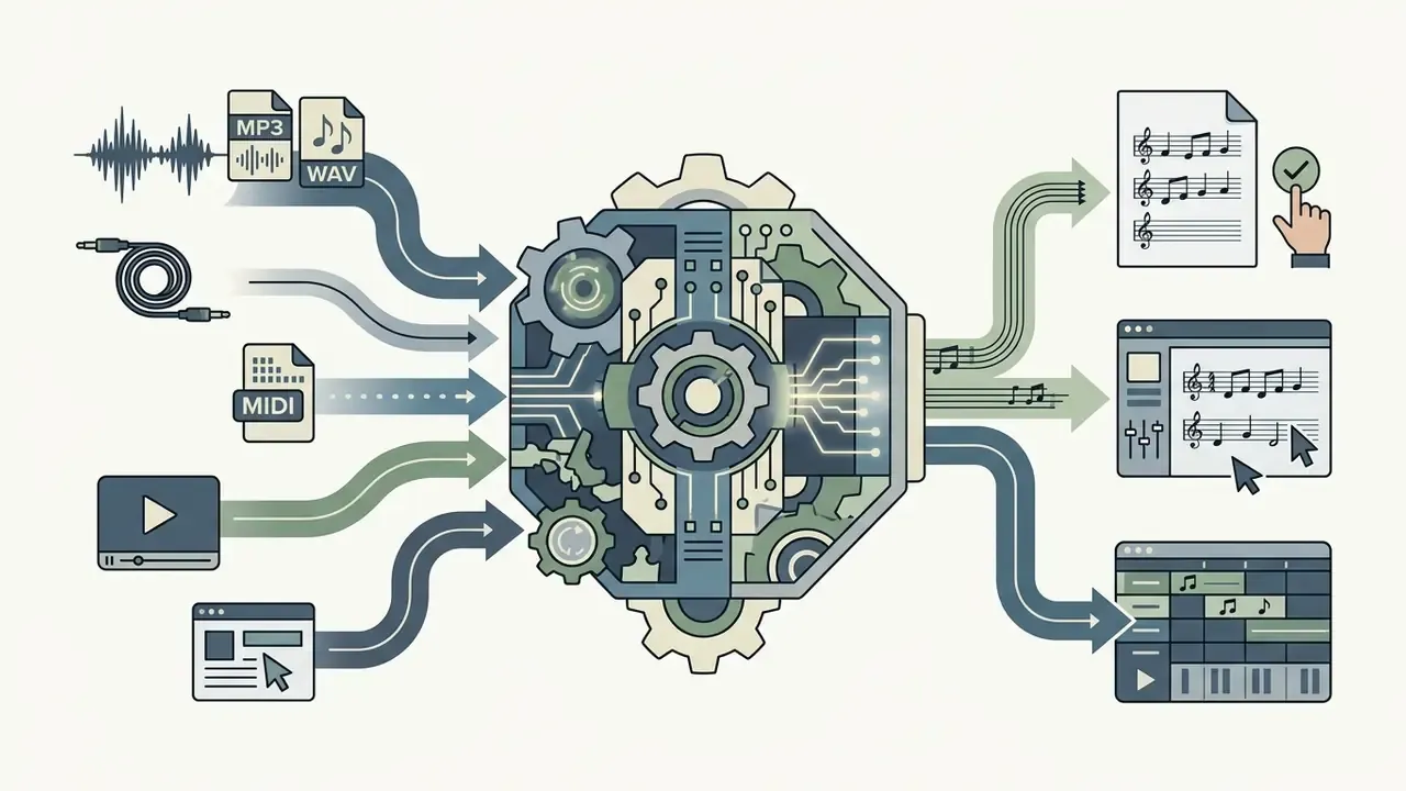 Central gear mechanism processing audio and digital file inputs into printable sheet music and DAW projects