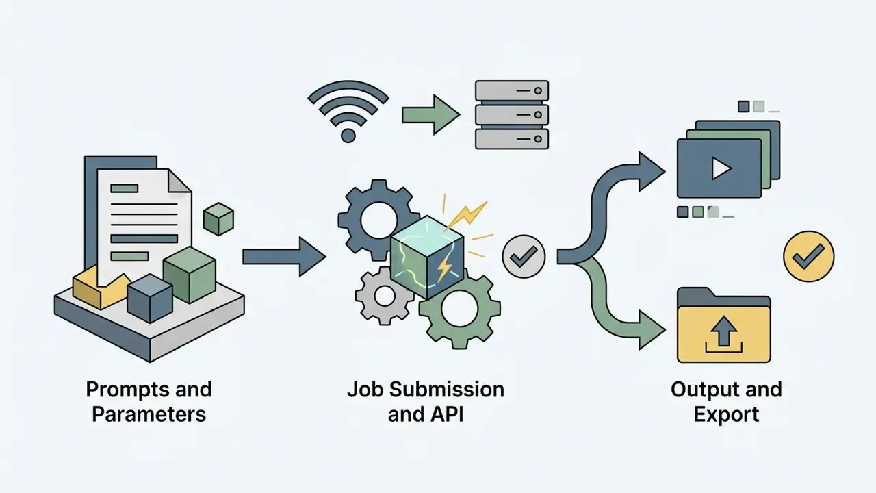 Workflow showing API data submission from input prompts to final video generation and file export