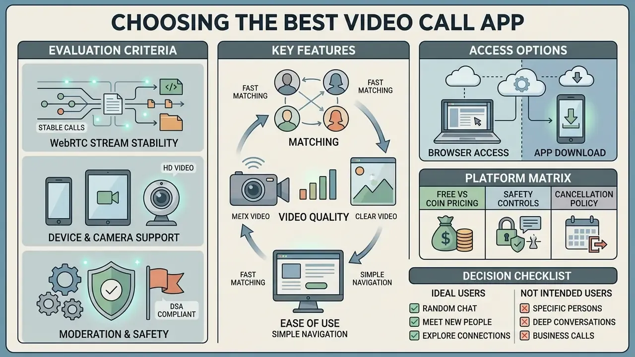 Diagram outlining evaluation criteria, key features, and access options for online video chat girls apps
