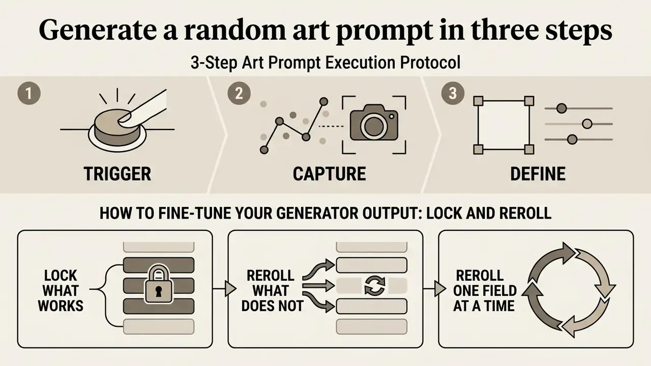 Infographic showing a three-step trigger, capture, and define process followed by a lock and reroll method
