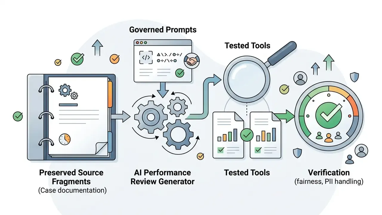 Case documentation feeding into a processor that outputs verified reports with fairness and PII checks