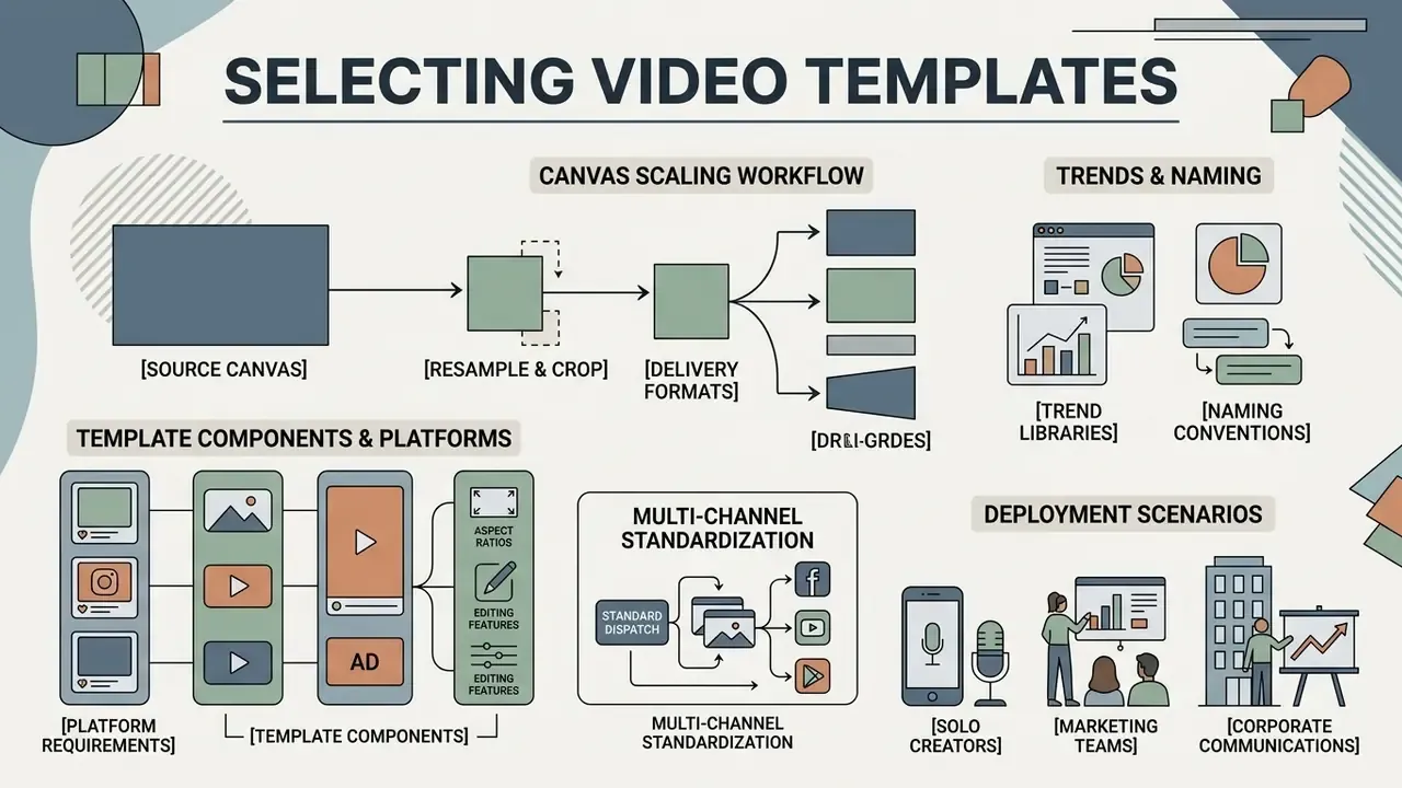 Infographic showing workflows for canvas scaling, template components, and multi-channel deployment scenarios