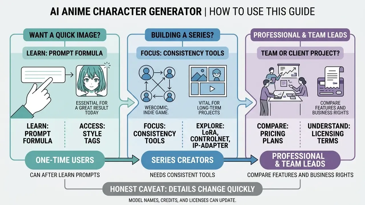 Flowchart outlining three user paths for an AI anime character generator based on project needs