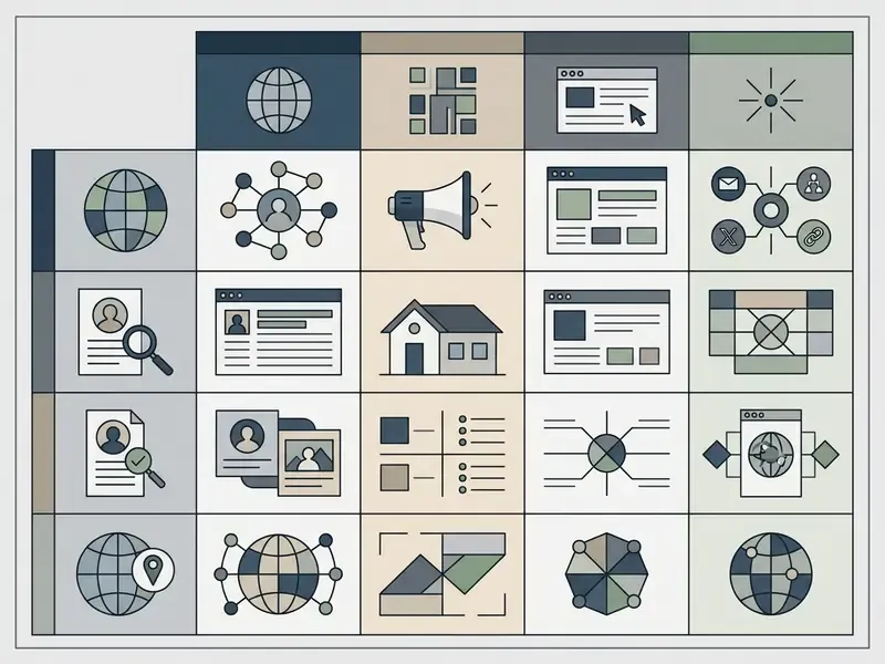 Grid of icons representing various digital platforms, networking channels, and business workflows