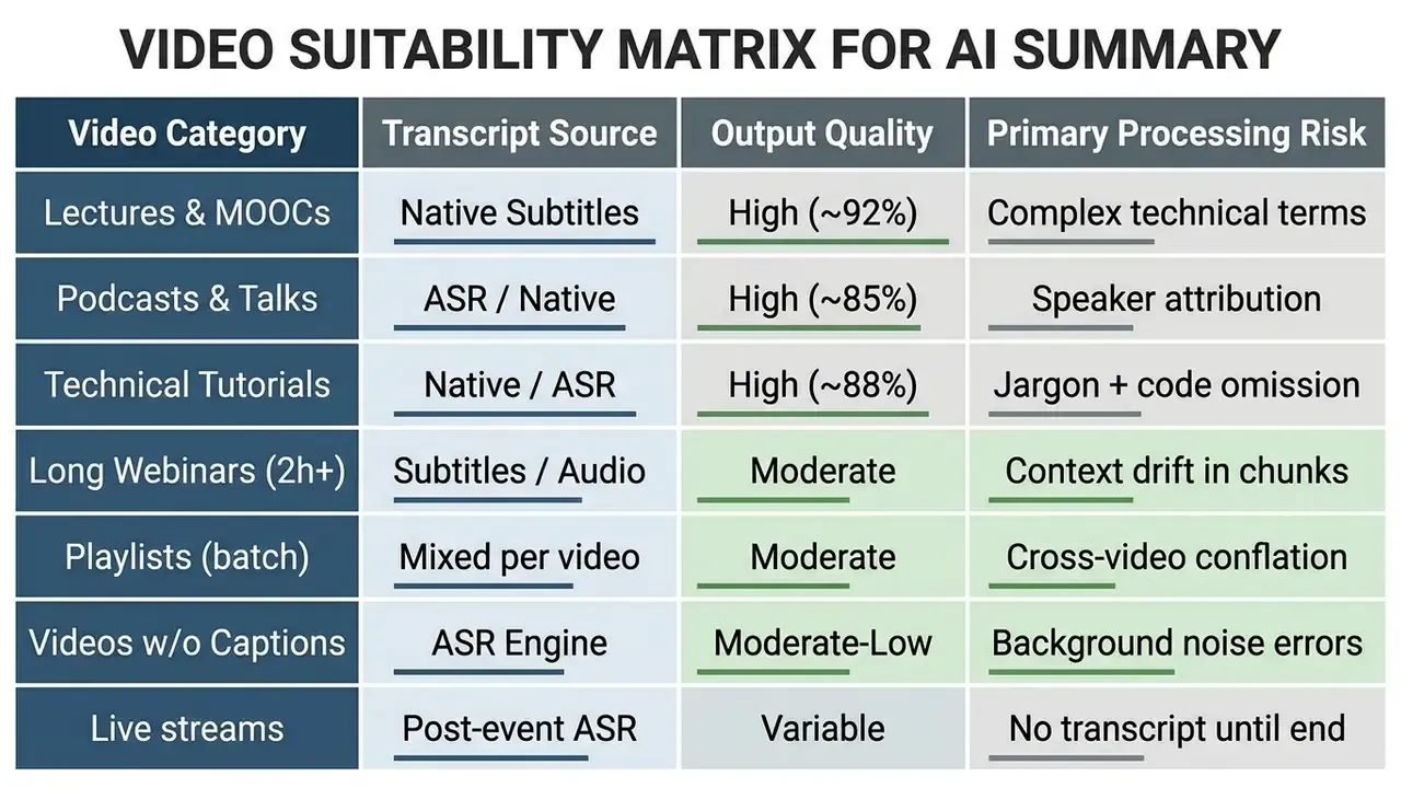 Comparison table evaluating video types by transcript source, output quality, and primary processing risks