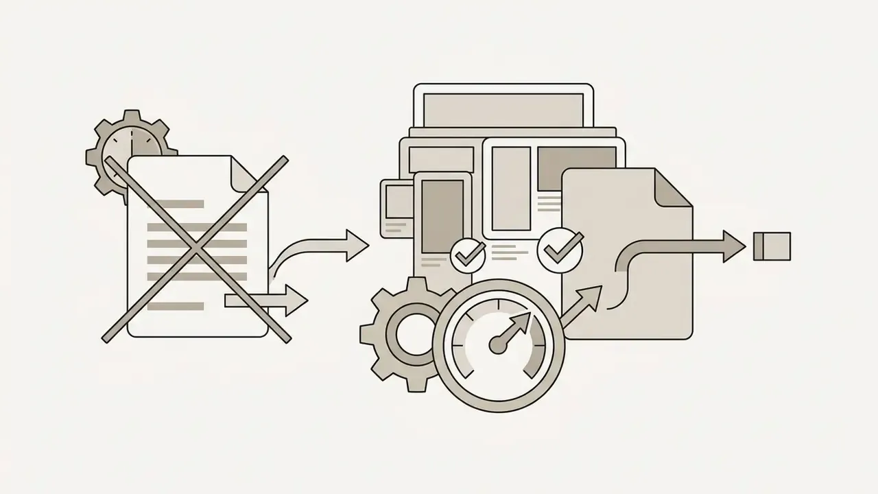 Outdated document being replaced by updated files and a speed gauge representing optimized specifications