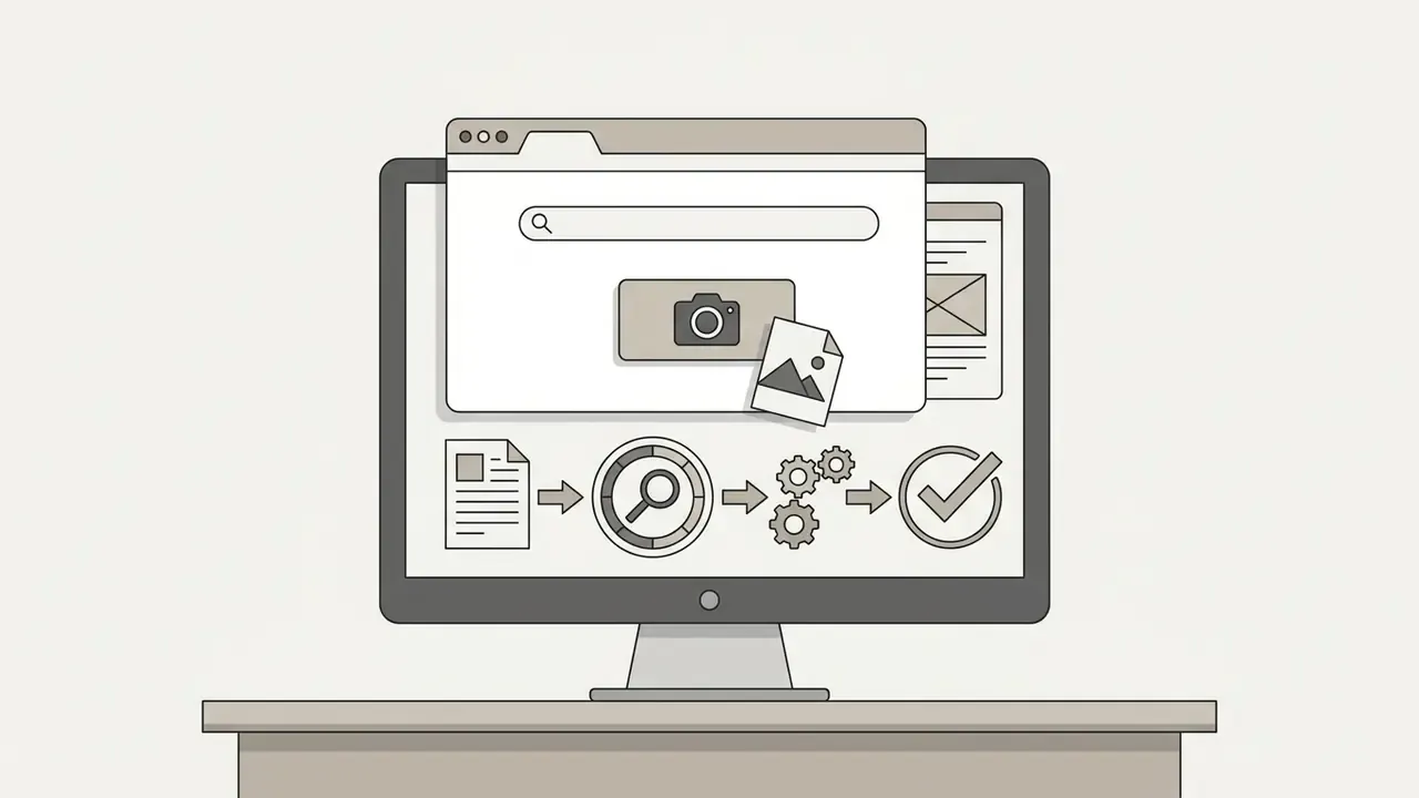 Computer monitor displaying a search interface with an upload icon and a process flow for image analysis