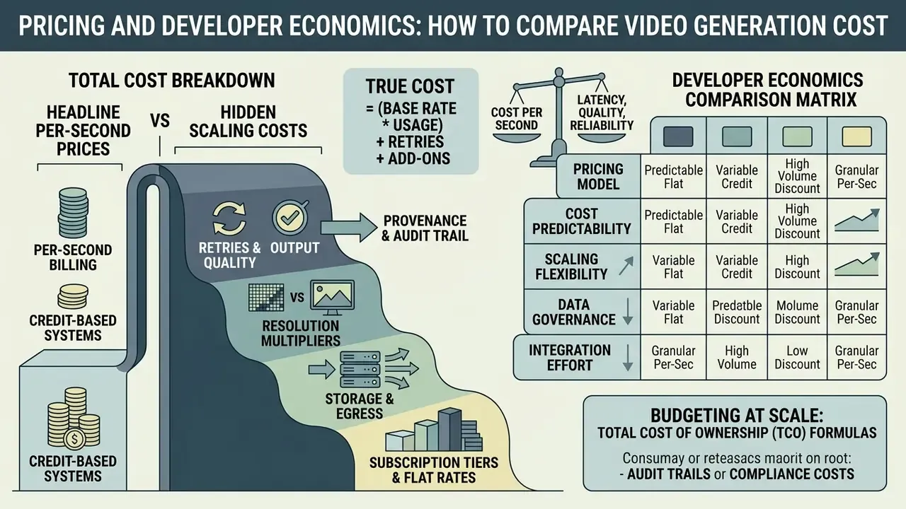 Infographic comparing headline per-second pricing against hidden scaling costs for AI video API models