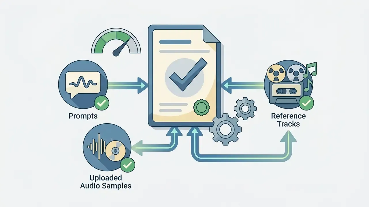 Prompts, audio samples, and reference tracks feeding into a validated document with checkmarks