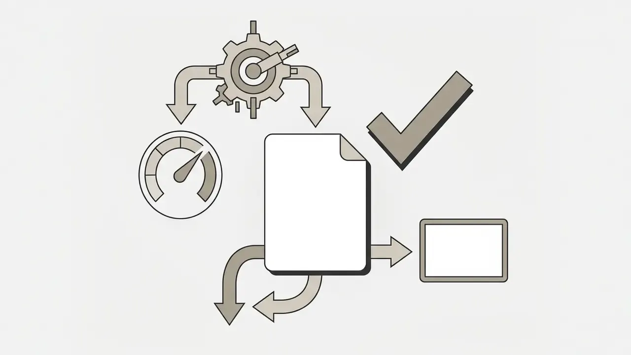 Gear icon, speedometer, and checkmark symbols surrounding a document icon to represent file validation