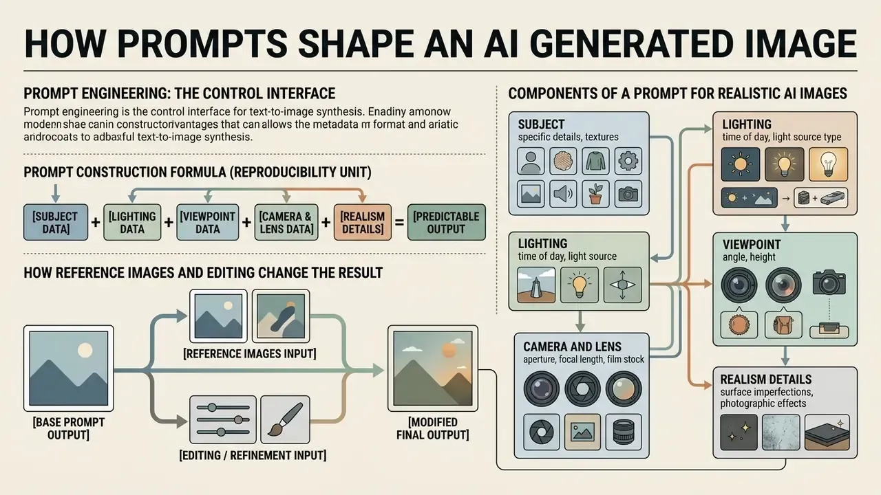 Diagram showing the formula and components used to construct prompts for AI generated image examples
