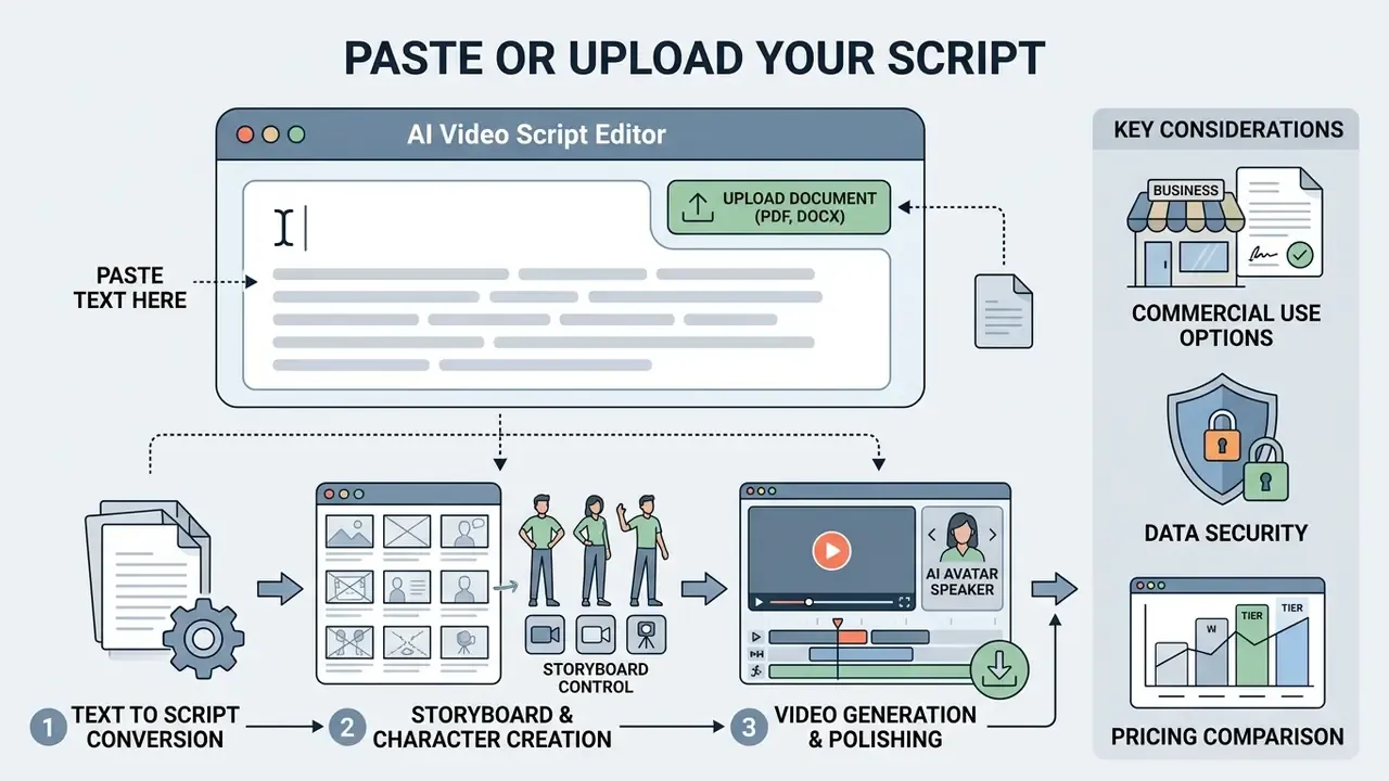 Digital interface showing a text editor for uploading scripts and a three-step AI video production workflow