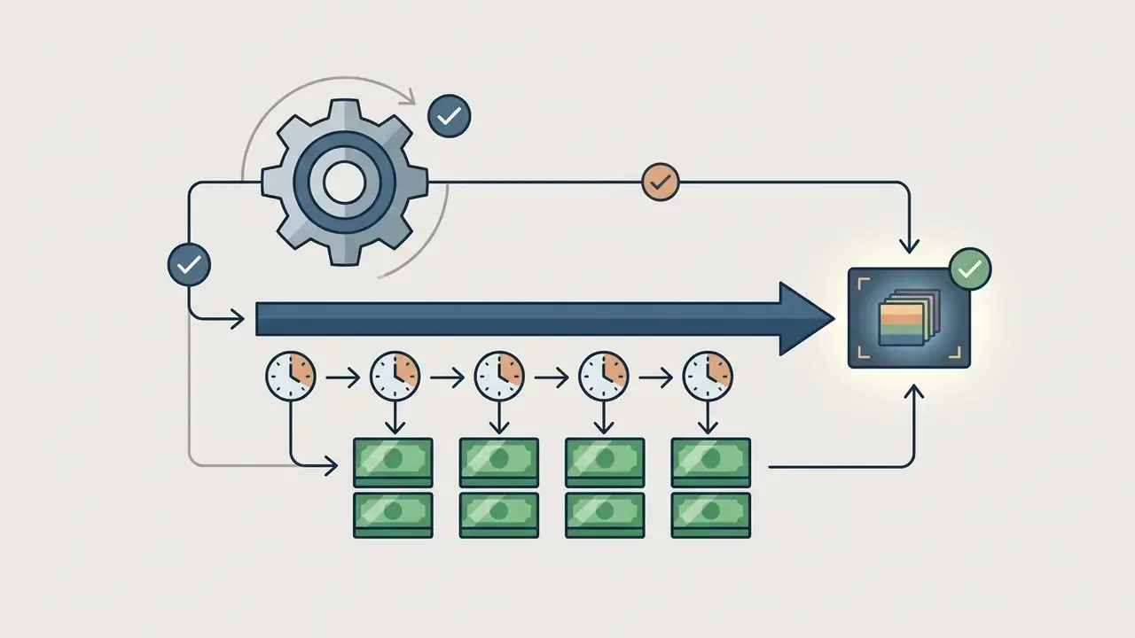 Gear icon and clock sequence linked to currency stacks and a final processed frame
