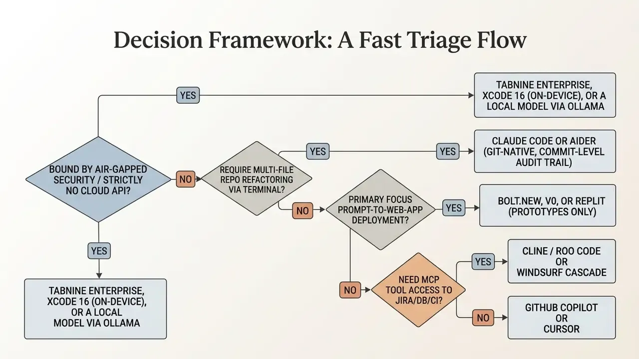 Decision tree guiding the selection of an AI code generator based on security, workflow, and tool needs