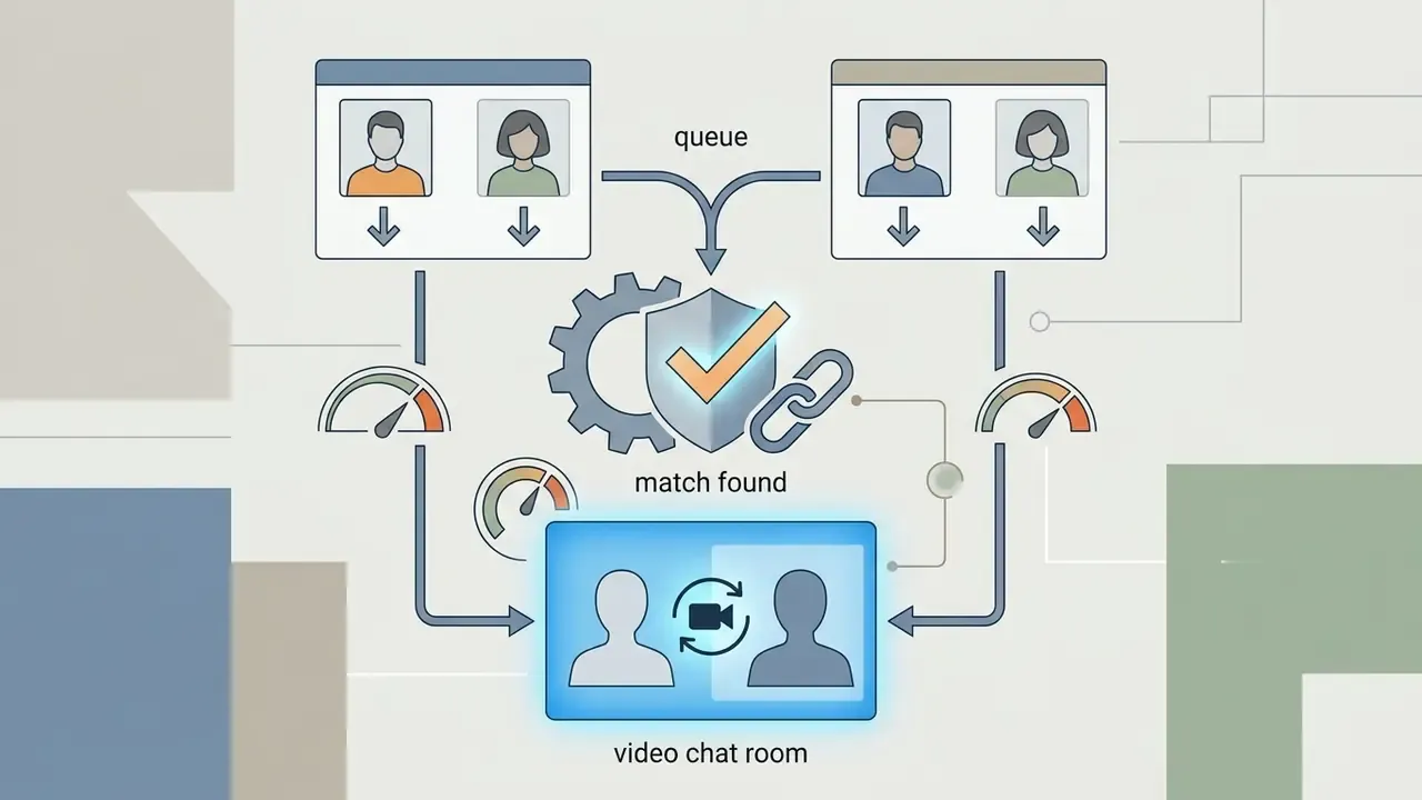 Two user profiles moving from a queue to a secure connection point to form a shared video chat room