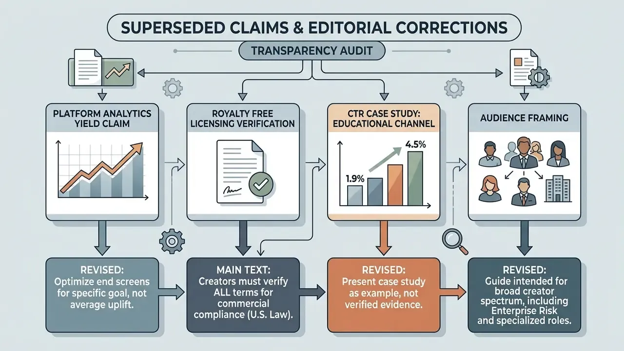 Flowchart outlining transparency audit updates for platform analytics, licensing, and audience framing claims