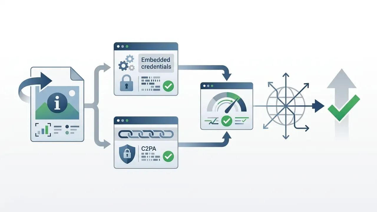 Document icon flowing into metadata and C2PA verification steps leading to a global status check