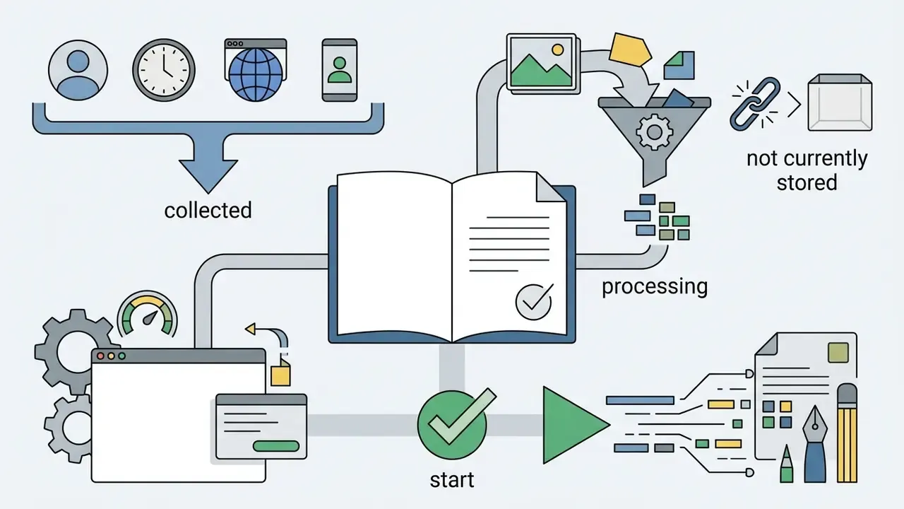 Icons for user data flowing into a central book and funnel processor that outputs creative content