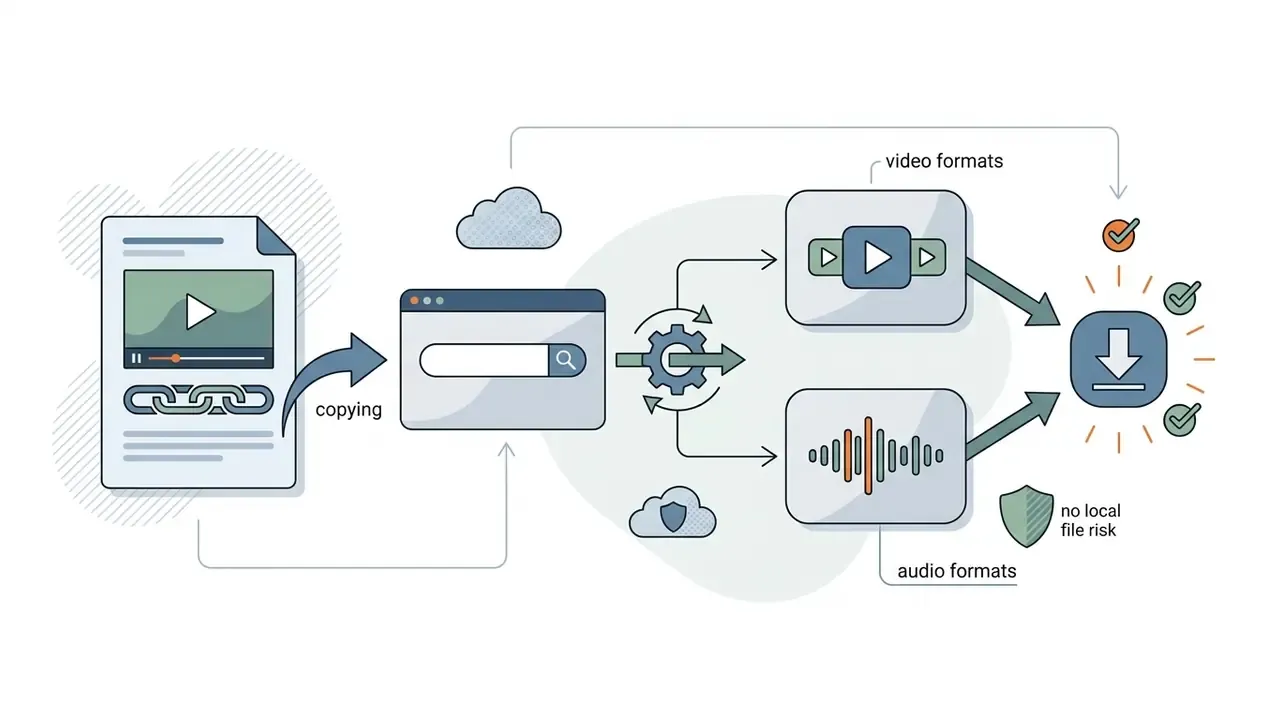Diagram showing the process of copying a URL into a search box to convert media into video or audio files