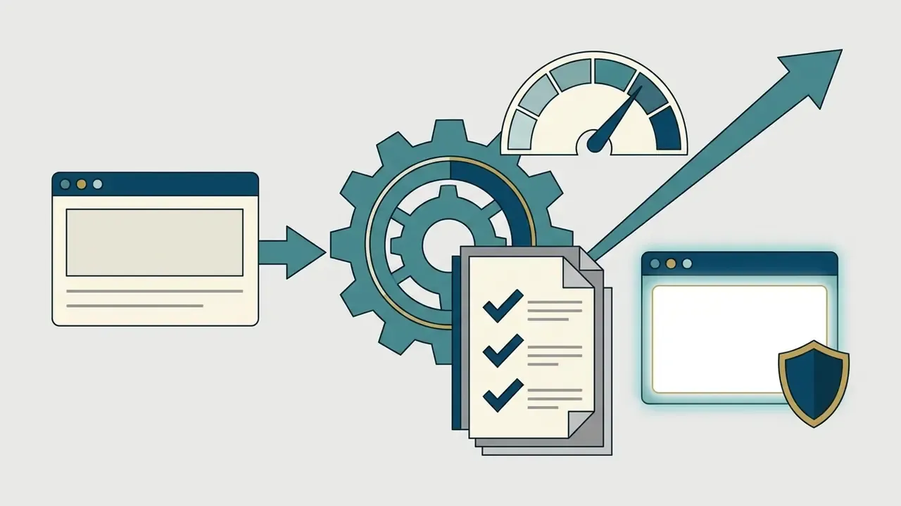 Browser window feeding a gear mechanism with a checklist and a shield icon pointing toward an upward arrow