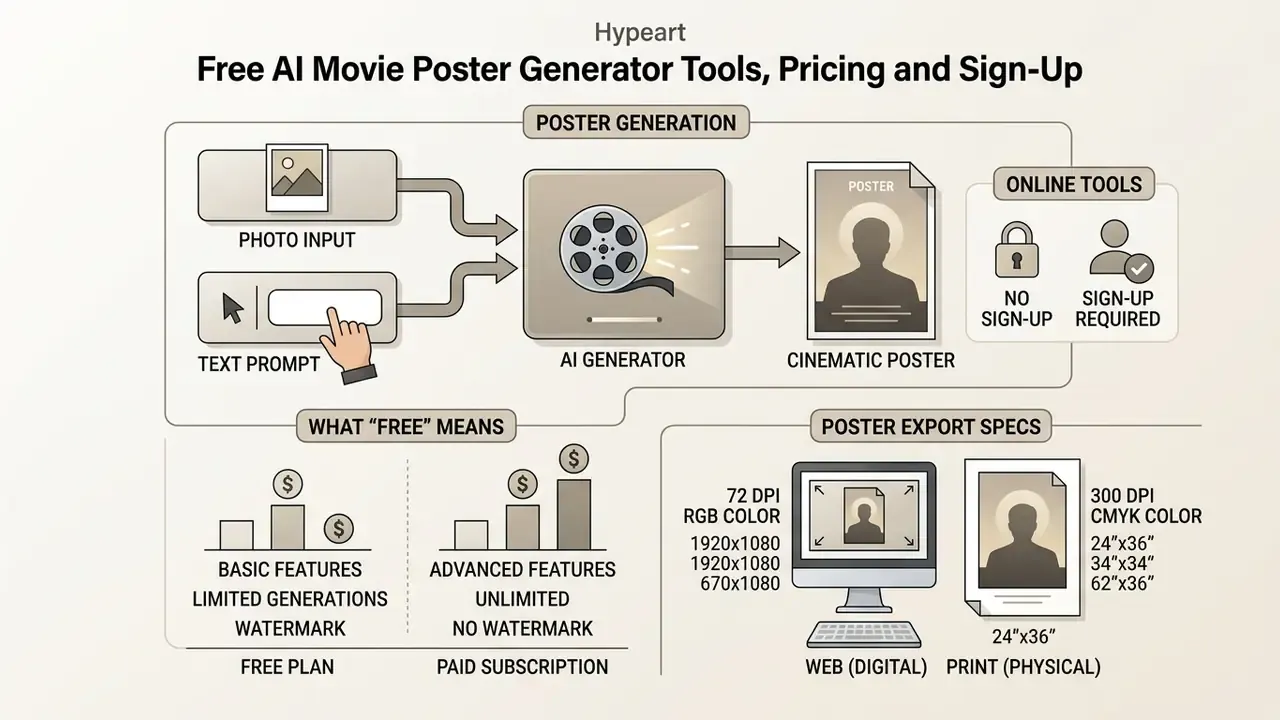Summary of poster generation workflows, pricing models, and technical specifications for web and print