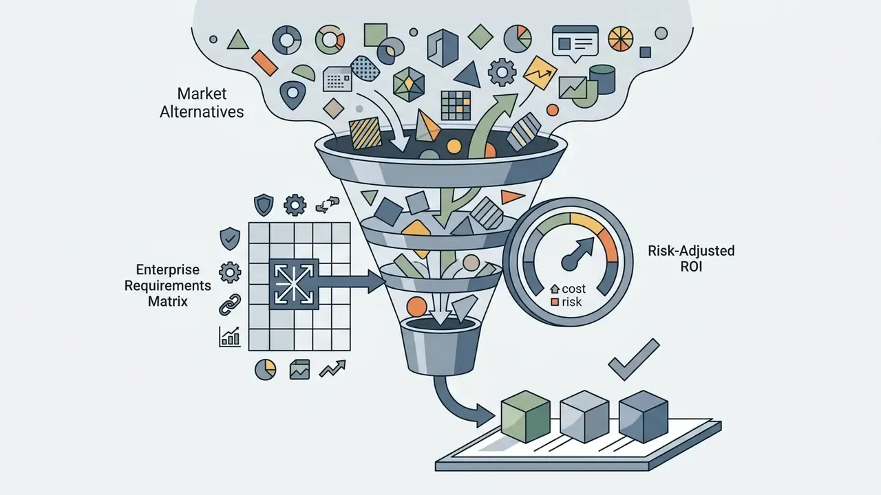Funnel filtering market alternatives through a requirements matrix to select vendor solutions