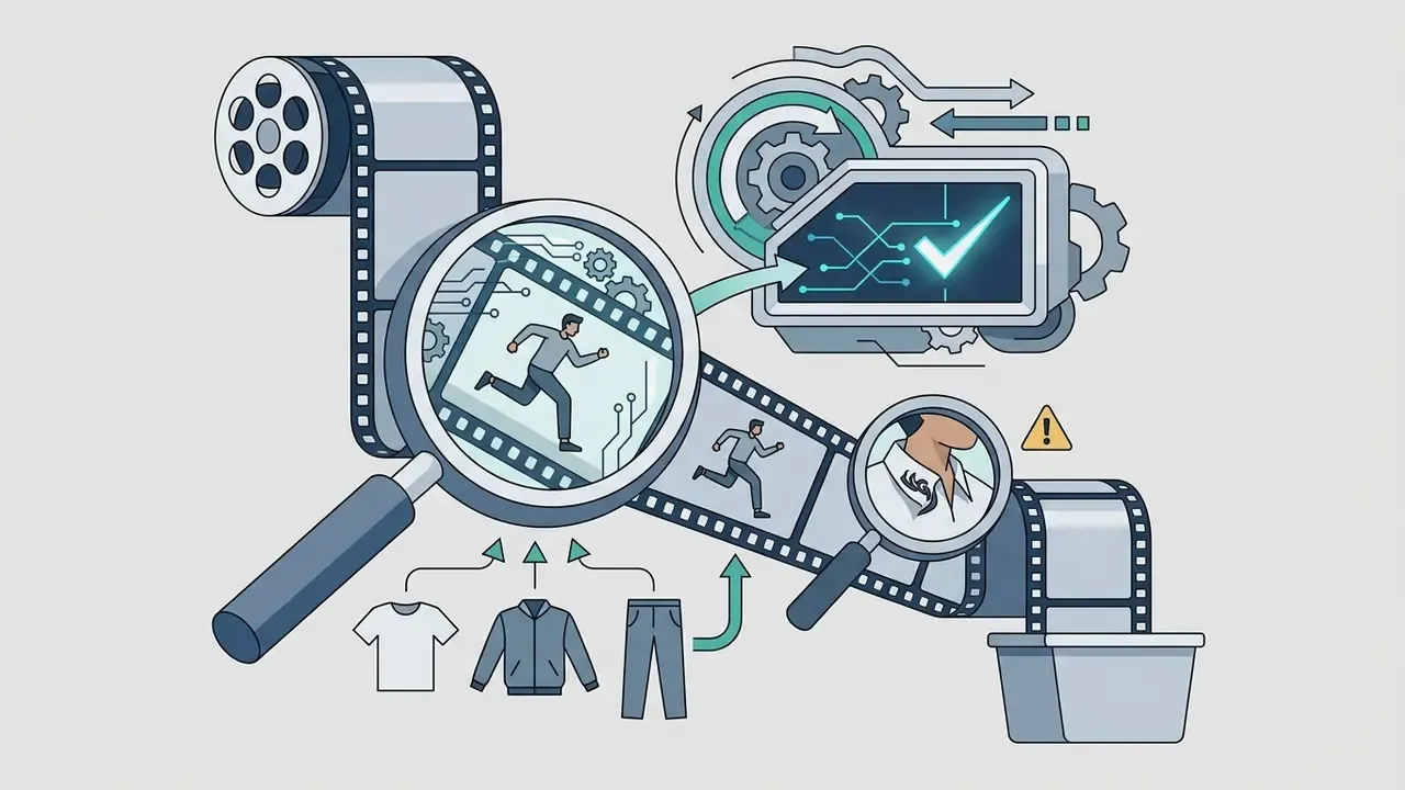 Magnifying glasses inspecting film strips of a moving model and clothing to ensure quality control