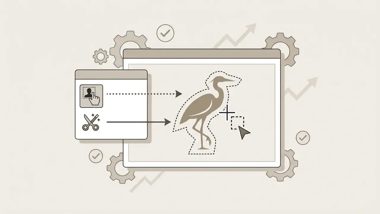 Toolbox icons selecting a bird silhouette with a dashed outline for a photo editor for Mac