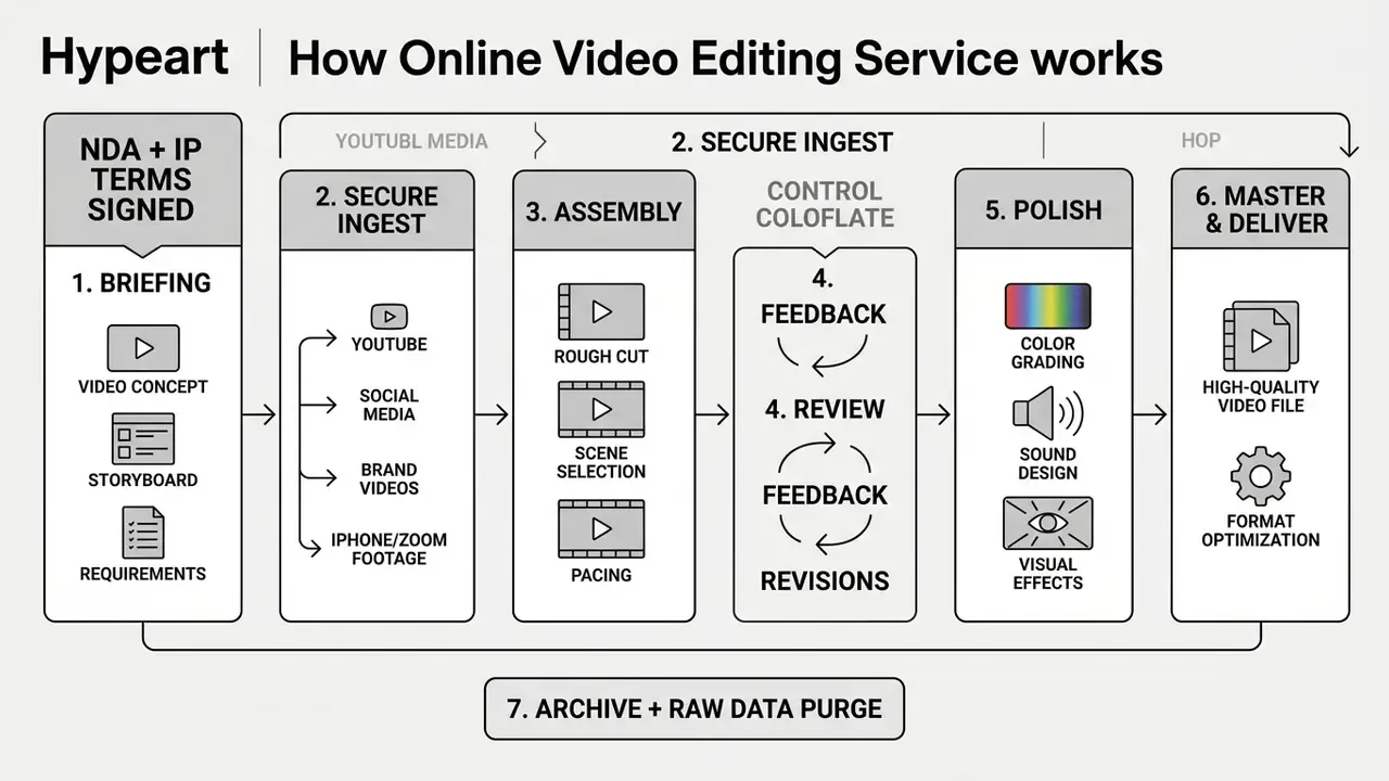 Sequential process diagram outlining seven stages from initial briefing to final archival and data purging