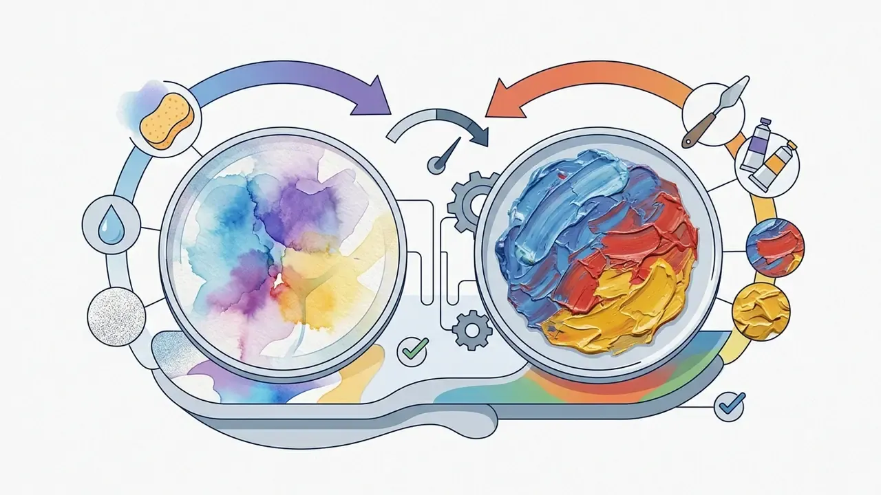 Two circular panels showing watercolor washes and thick oil paint textures connected by processing icons