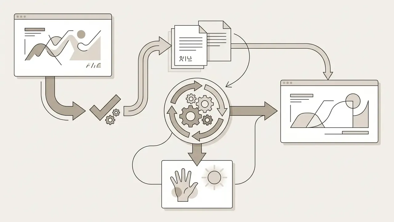 Visual cycle showing digital art data being refined through document feedback and gear-based processing
