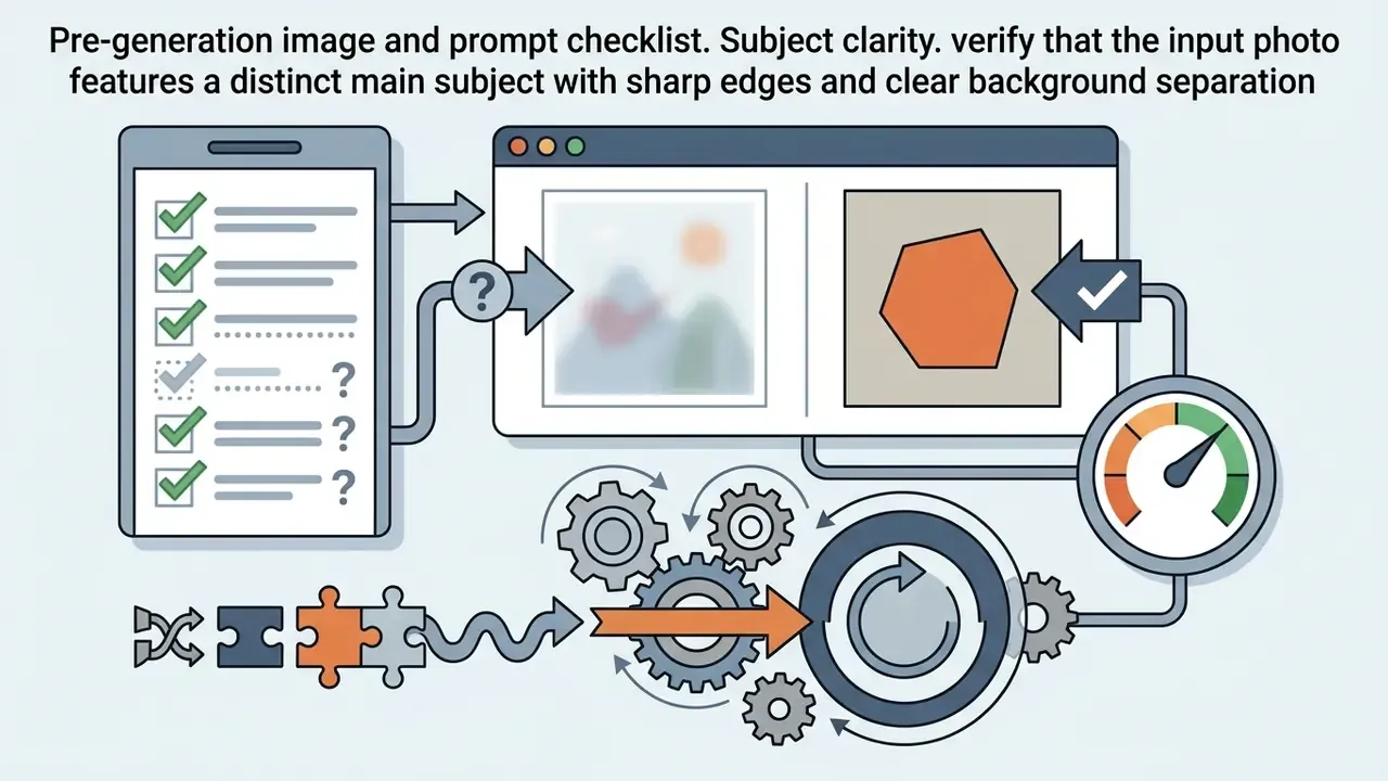 Checklist and gear icons representing the technical validation of source images for AI video generation