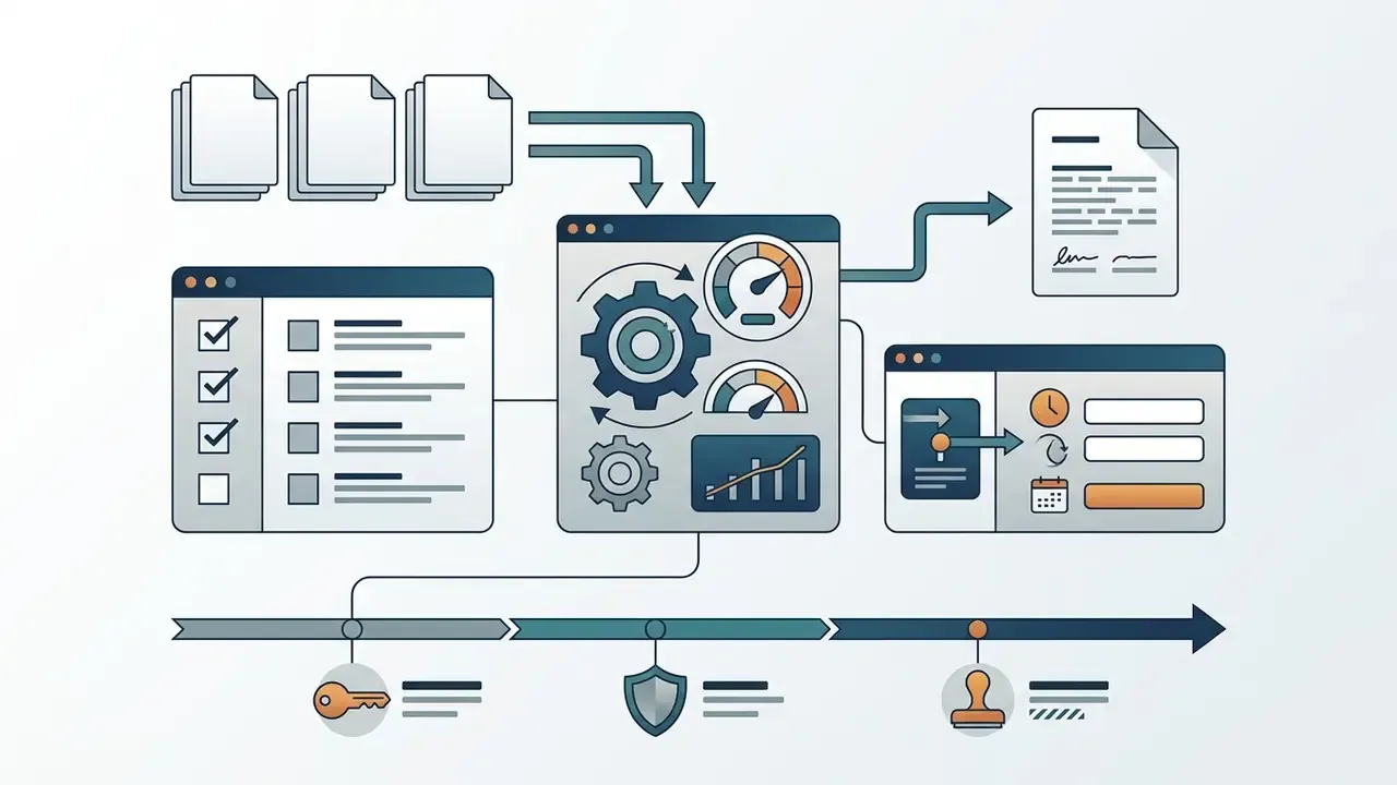 Data files and checklists flowing into a processing hub with a timeline of keys, shields, and stamps