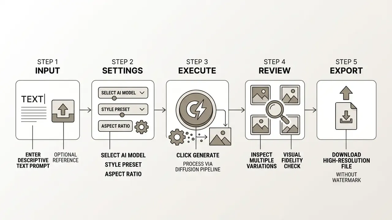 Linear process diagram showing five sequential steps for generating images from text prompts and settings