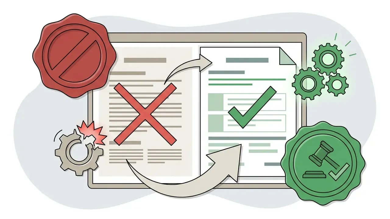Legal document with a red cross being corrected to a green checkmark beside a broken gear and gavel seal