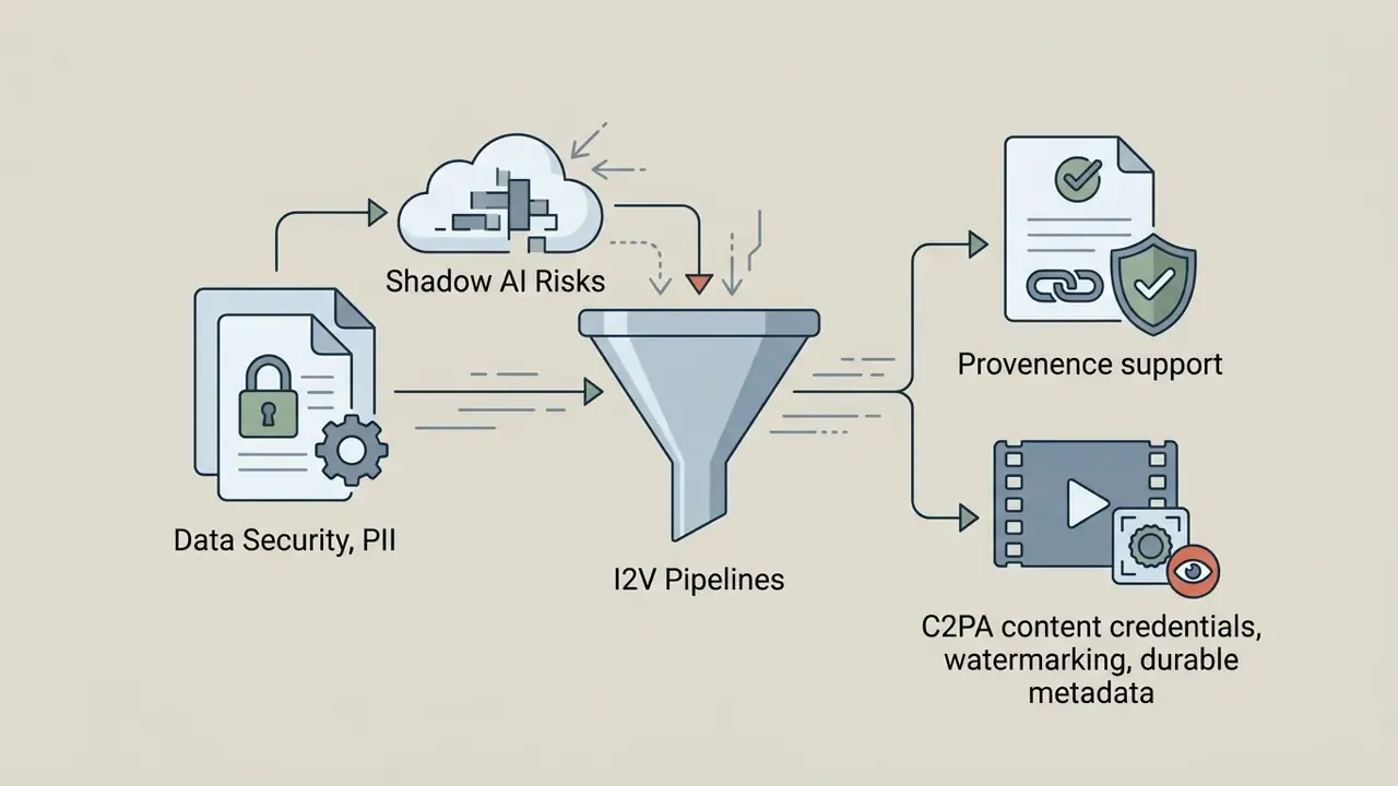 Diagram showing data flowing through a funnel into provenance and content credential verification systems